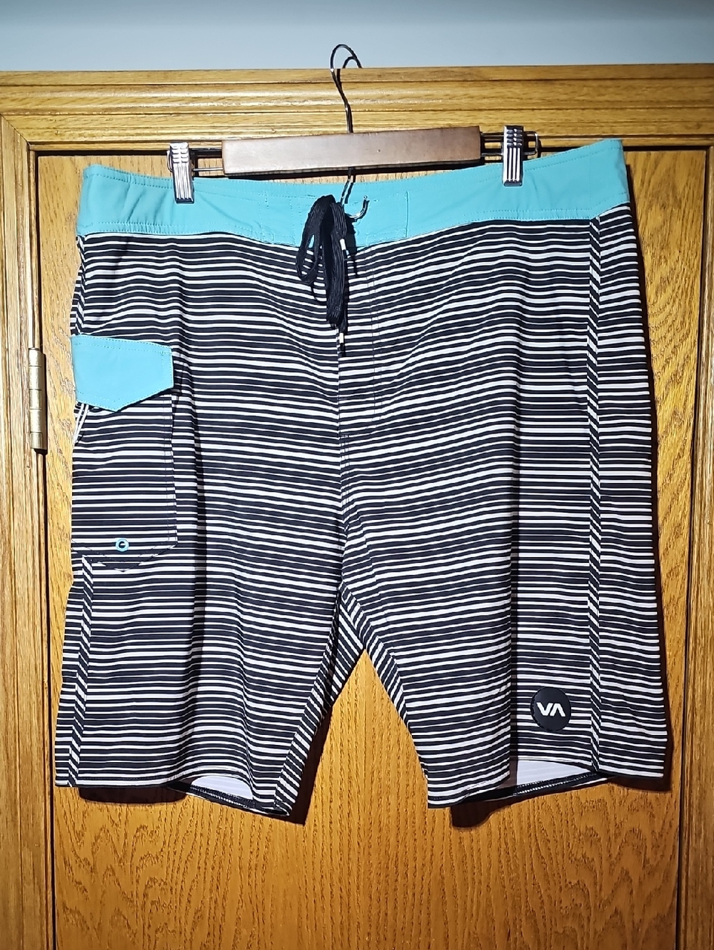RVCA Black & White Striped Board Shorts with Teal Waistband